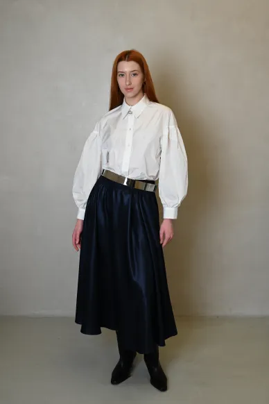 Темно-синя спідниця сонце-кльош на резинці в міді довжині з тафти Хезер - фото