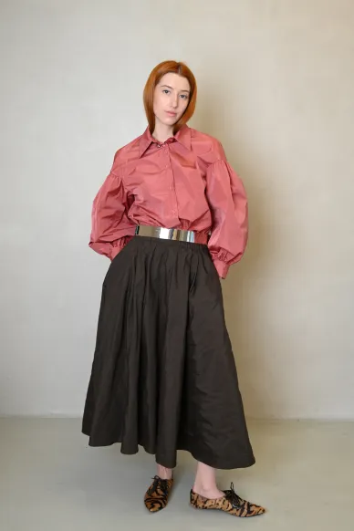 Коричнева спідниця сонце-кльош на резинці в міді довжині з тафти Хезер - фото