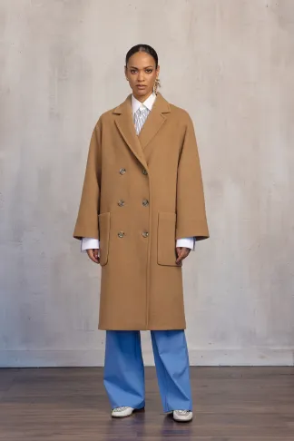 Dave beige straight-cut wool coat with patch pockets