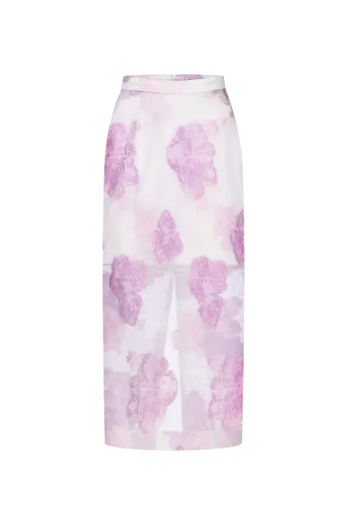 Genoa sheer long skirt with a white and lilac print - photo