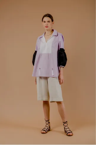 Lavender cotton shirt with decorative ties by Lilian