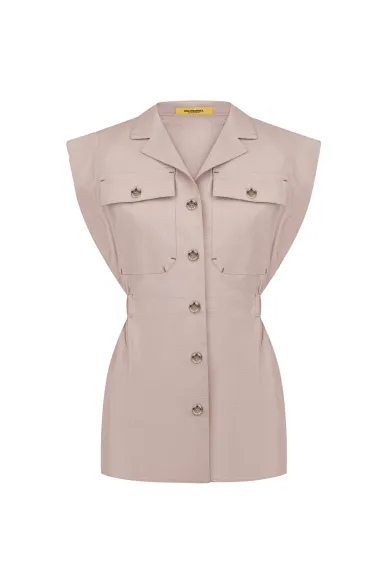 Лляна бежева сорочка без рукавів в стилі сафарі Таубер - фото