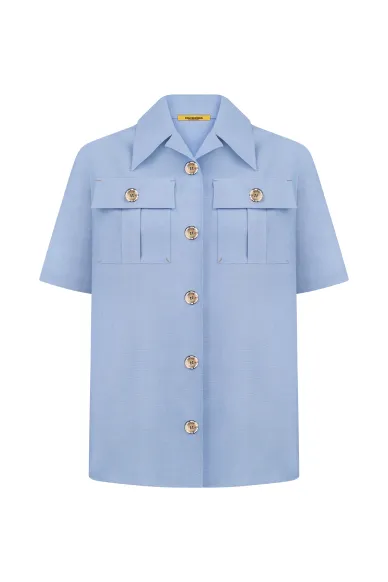 Лляна блакитна сорочка в стилі сафарі Жосо - фото