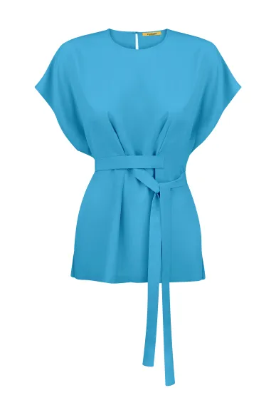 Лазурная романтическая блуза с шелком Лион - фото