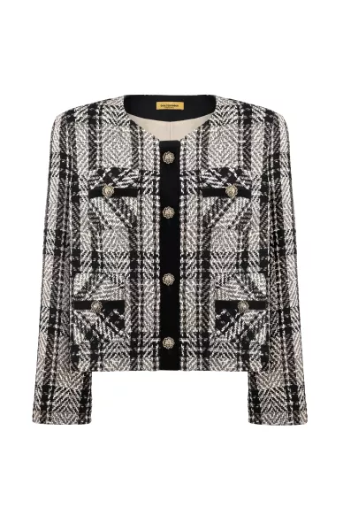 Black, white and gray cropped jacket in romantic Chuck style - photo