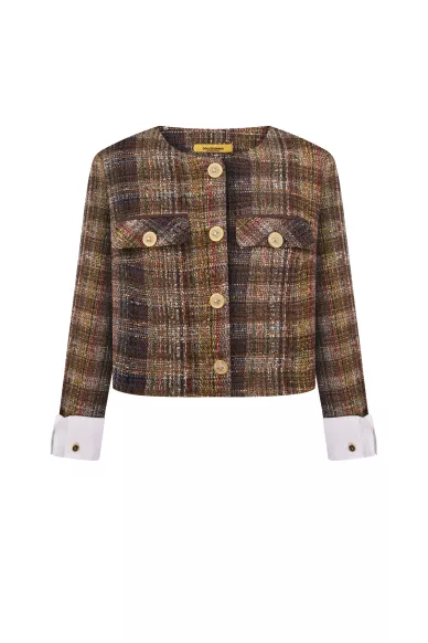 Gray and brown jacket with patch cuffs by Treva - photo