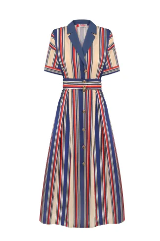 Vincent red and blue striped cotton fitted dress