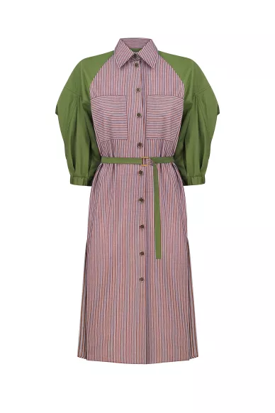 Хлопковое платье с пышным фактурным рукавом в зелено-красной полоске Эми - фото