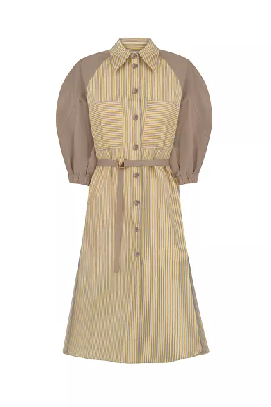 Хлопковое платье с пышным фактурным рукавом в желто-голубую полоску Эми - фото