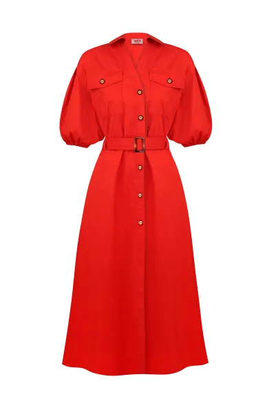 Agda red cotton dress with puffy sleeves in safari style - photo