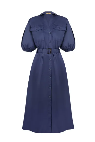 Cotton navy blue dress with puffy sleeves in safari style Agda - photo