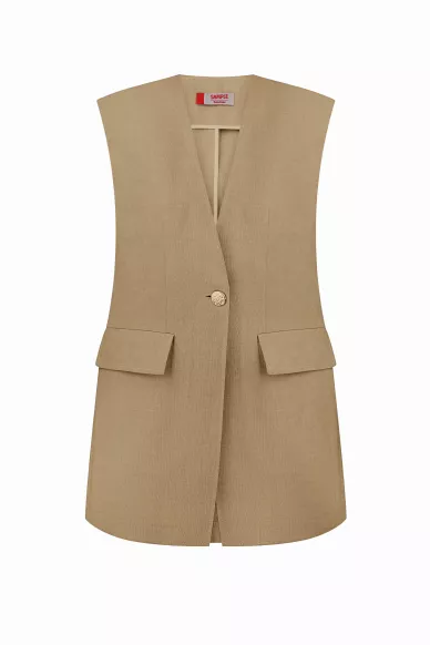 Длинный льняной жакет темно-бежевого цвета в стиле сафари Бодрум - фото