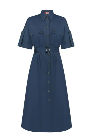 Aldridge Navy Blue Safari Belted Cotton Dress