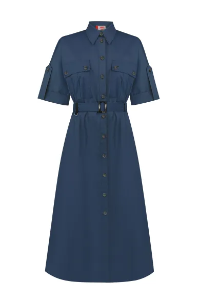 Aldridge Navy Blue Safari Belted Cotton Dress - photo