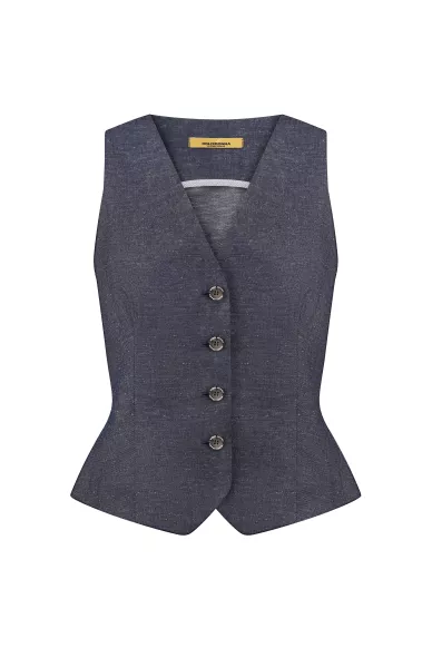 Короткий приталенный жилет из хлопка и льна синего цвета Панамера - фото