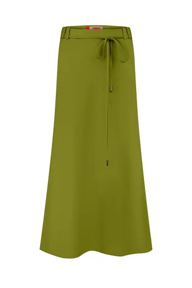 Лляна зелена спідниця міді в стилі сафарі Алфея  - фото