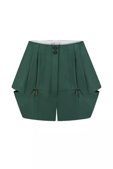 Green woolen shorts with zippers by Kelow - фото