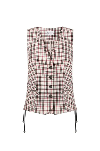 Kellow brown check wool short vest - фото