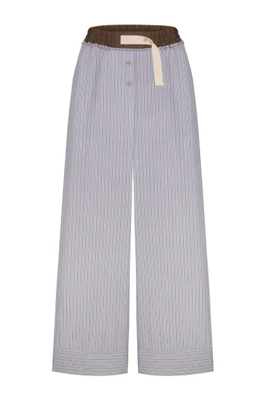 Хлопковые брюки на резинке в коричнево-голубую полоску Килдер - фото