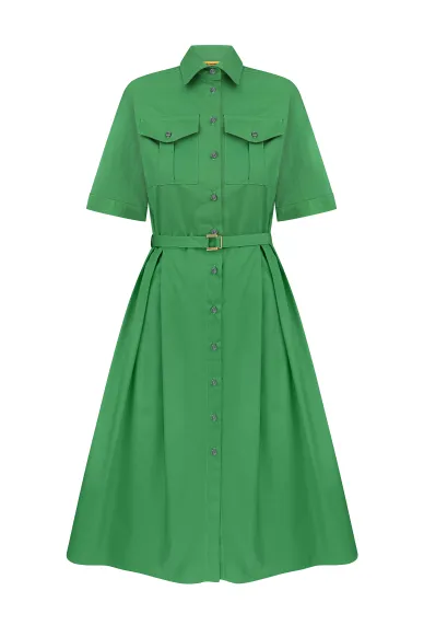 Carlow Green Cotton Safari Belted Dress - photo