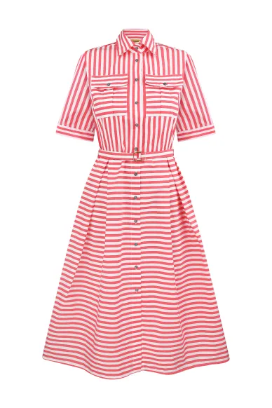 Carlow red and white safari style belted cotton dress - photo