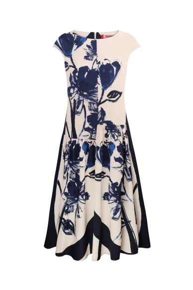 Romantic cotton dress in white and blue with Agna print - photo