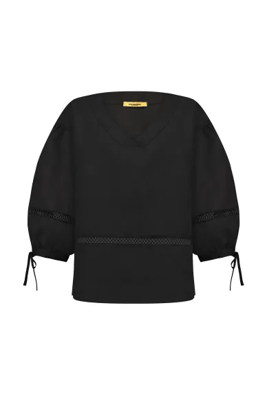 Лляна оверсайз сорочка з пишним рукавом чорного кольору Поппі - фото