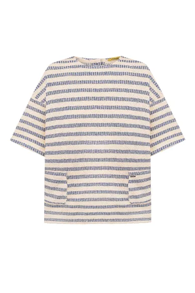 Rina milky blue striped cotton T-shirt with buttons on the back - photo