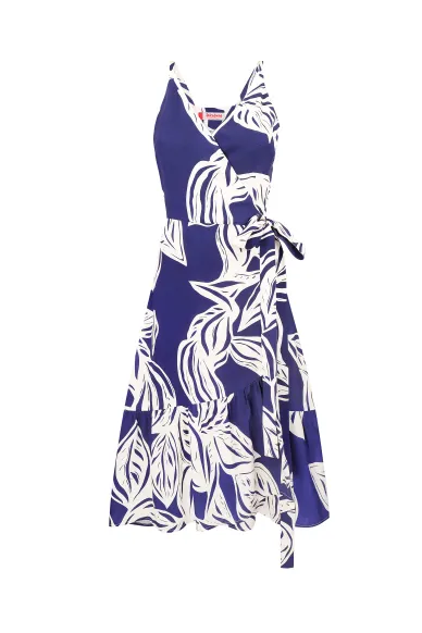 Blue and white floral print viscose wrap dress Cassandra - photo