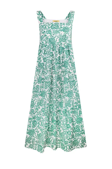 Green and white cotton sundress with a loose-fitting print Luga - photo