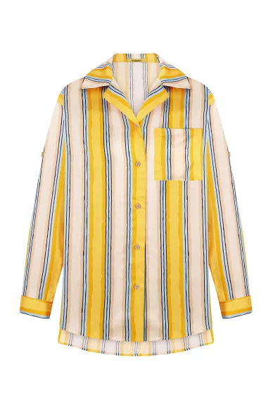 Сорочка в блакитно-жовту смужку з віскози в піжамному стилі Касандра - фото