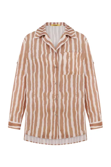 Сорочка в коричнево-бежеву смужку з віскози в піжамному стилі Касандра - фото