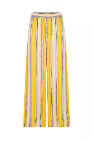 Cassandra wide-leg pajama-style viscose pants in blue and yellow stripes